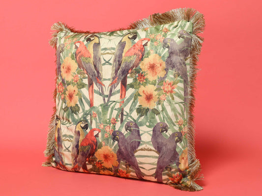 パラダイスバードクッション ベージュフリンジ