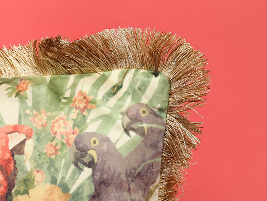 パラダイスバードクッション ベージュフリンジ