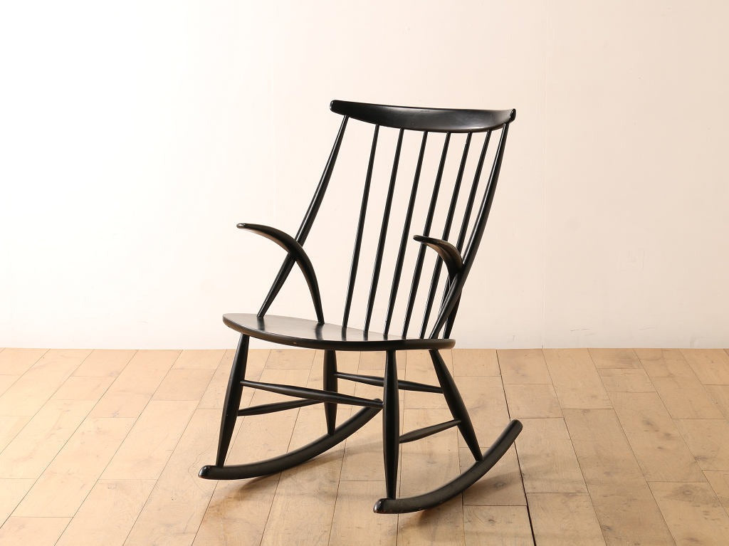 1960年代ヴィンテージ縞柄帆布オーク材ストライプロッキングチェア